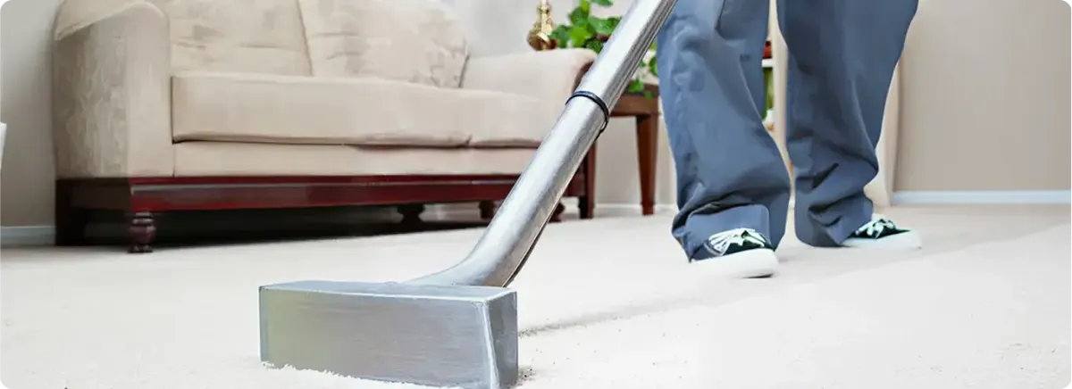 Carpet cleaning technician using a hot-water extraction wand on a light-colored carpet in a living room, Saint Petersburg, FL.